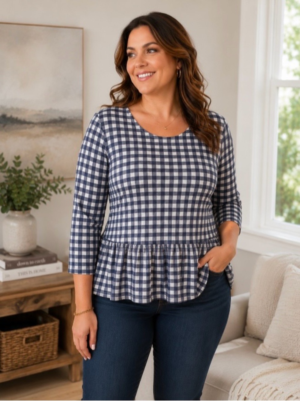 Victoria Beckham for Target 1X Navy White Gingham Ruffle Hem Peplum 3/4 Sleeve